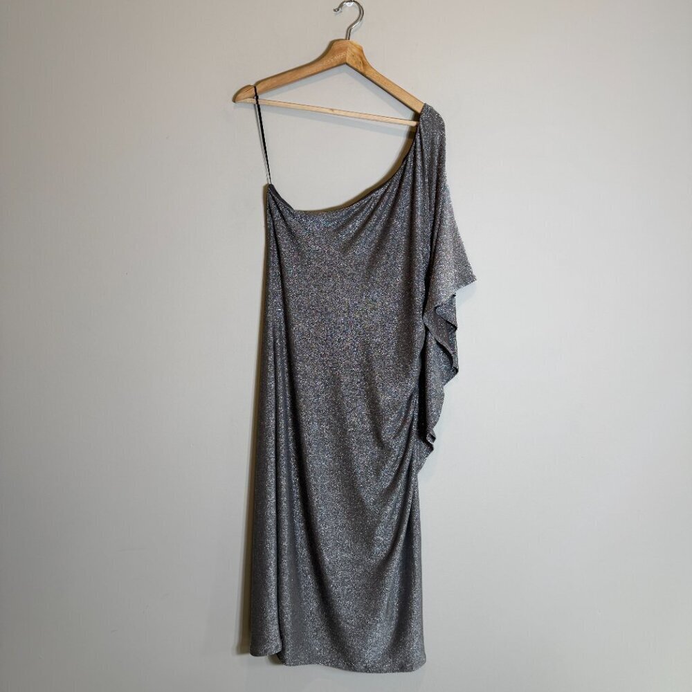 Trina Turk Ratio Ruched One-Shoulder Shimmer Mini Dress Women's XL Silver NWT - Picture 4 of 16
